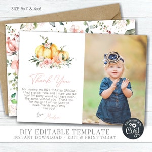 EDITABLE Pumpkin Birthday Thank You Card - Editable Pumpkin Thank You - Girl Fall Thank You Card - Editable Thank You Card with CORJL- #BP73