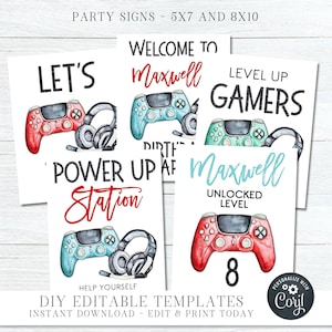 Editable Video Game Party Signs, Gaming Party Signs, Gaming Birthday Decorations Cards & Gifts, Decoration Printable, DIY with Corjl #BP155