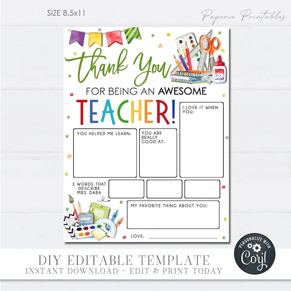 EDITABLE Teacher Appreciation Gift, Thank You Teacher Gift, All About My Teacher Printable, Teacher Gift Printable, DIY w/Corjl - #TAF03