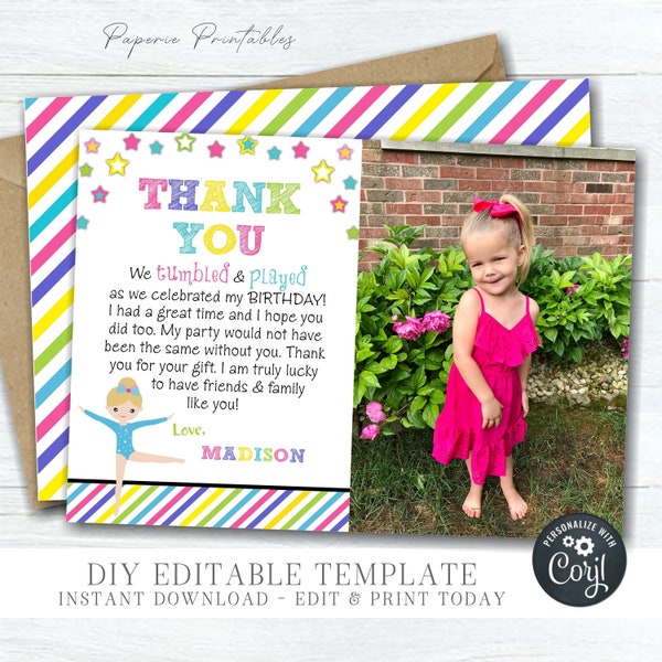 EDITABLE Gymnastics Birthday Thank You Card - Tumbling Birthday Thank You Card - Gymnastics Birthday Party - DIY Edit with Corjl - #BP82