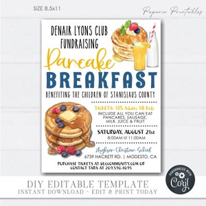 EDITABLE  Pancake Breakfast Fundraiser, Pancake Breakfast Flyer Printable, Pancake Breakfast Invitation, Digital Printable DIY Corjl - #PB03