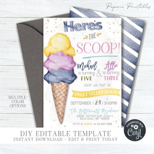 EDITABLE Ice Cream Birthday Invitation - Siblings Ice Cream Birthday Party Template - Photo Birthday Invitation - DIY Edit with Corjl- #BP71