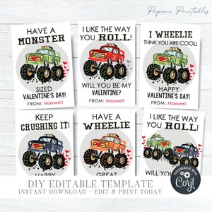 EDITABLE Monster Truck Valentine Cards - Kids Valentine Cards - School Valentine Tags - DIY Editable Valentine Cards - with Corjl - #VT08