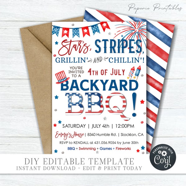 EDITABLE 4th of July Invitation - 4th of July BBQ Invitation - Editable 4th of July Backyard BBQ Flyer - diy edit with Corjl - #JULY01