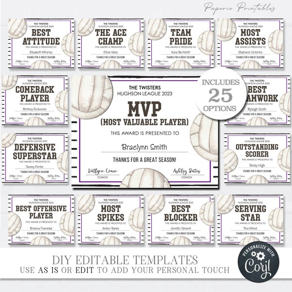 Editable Volleyball Award Certificates, Award Ceremony Certificates, End of Season Softball Awards, Team Party Printables, DIY w/Corjl #CO19