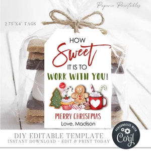 Editable Christmas Co-Worker Gift Tags, Merry Christmas Gift Tags, Sweet to work with you Christmas Gift Tag - Edit with Corjl - #CT16