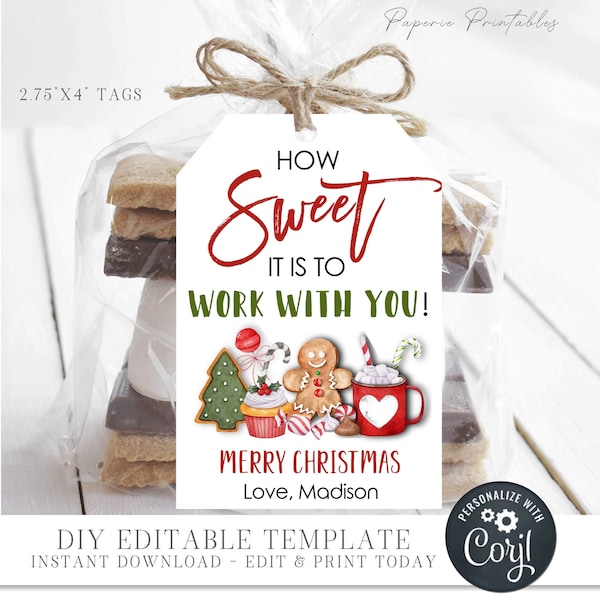 Editable Christmas Co-Worker Gift Tags, Merry Christmas Gift Tags, Sweet to work with you Christmas Gift Tag - Edit with Corjl - #CT16