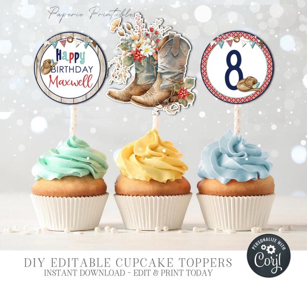 EDITABLE Cowboy Birthday Cupcake Toppers, Cowboy Party Decorations, Cowgirl Birthday Cupcake Toppers, Western, DIY with Corjl - #BP156(2)