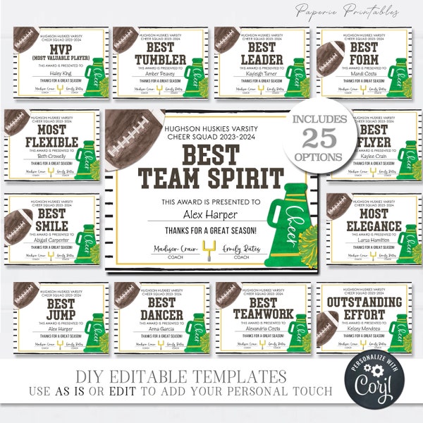 Green Editable Cheerleading Certificate Etsy