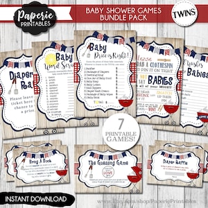 May include: A set of printable baby shower games with a red, white, and blue color scheme. The games include "Baby Price is Right", "Diaper Raffle", "Grab a Clothes Pin", "Baby Word Scramble", "Bring a Book", and "The Guessing Game".