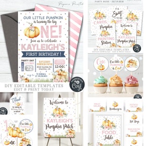 EDITABLE Girl Little Pumpkin Birthday Bundle - Pumpkin First Birthday Party Decorations-Invitation - Thank You Card - DIY with Corjl - #BP72