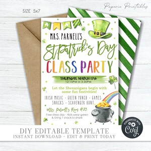 May include: A printable St. Patrick's Day class party invitation with a green leprechaun hat, a pot of gold, and a rainbow. The invitation includes the date, time, and location of the party. It also includes a list of activities, such as Irish music, green punch, games, snacks, and a scavenger hunt. The invitation is decorated with shamrocks and green and white stripes.