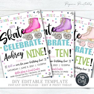 EDITABLE Skating Birthday Invitation - Girl Roller Skating Birthday Party Invitation - Let's Skate Birthday Invitation - DIY Corjl - #BP79