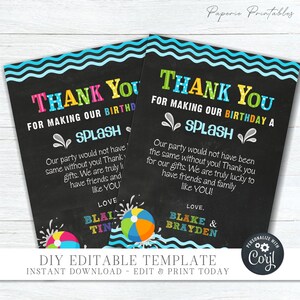 EDITABLE Siblings Pool Party Birthday Thank You Card - Pool Party Thank You Template - Pool Party Photo Thank You - DIY with Corjl - #BP70