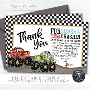 EDITABLE Monster Truck Birthday Thank You Card - DIY Thank You Card - Monster Truck Thank You Template - DIY Edit with Corjl - #BP10