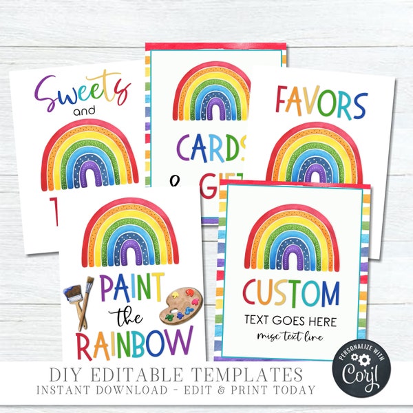 Editable Rainbow Birthday Party Signs, Rainbow Party Signs, Birthday Party Signs, Cards & Gifts, Paint the Rainbow, DIY with Corjl - #BP161