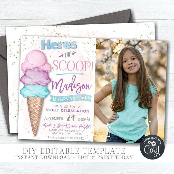 EDITABLE Ice Cream Birthday Invitation - Girl Ice Cream Birthday Party Template - Photo Birthday Invitation - DIY Edit with Corjl - #BP71