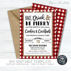 EDITABLE Bake, Drink & Be Merry Christmas Party Template - Cookies and Cocktails Invitation - Christmas Cookie - DIY Edit with Corjl - #CP17
