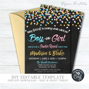 Editable Gender Reveal Invitation: Pink, Blue, Gold Confetti (DIY Corjl) #GRP1