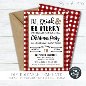 EDITABLE Eat, Drink & Be Merry Holiday Invitation - Christmas Party Invitation Template - Red Gingham Christmas - DIY Edit with Corjl- #CP11