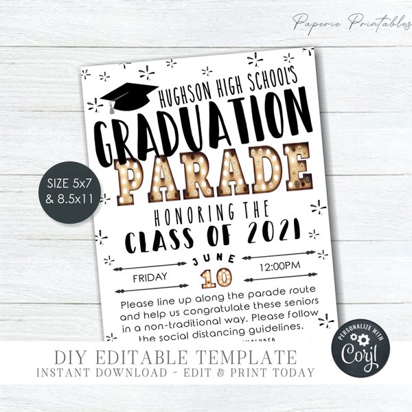 EDITABLE School Graduation Parade Flyer - Drive By Graduation Parade - School Graduation Flyer - Class of 2021 - DIY Edit Corjl - #GP38