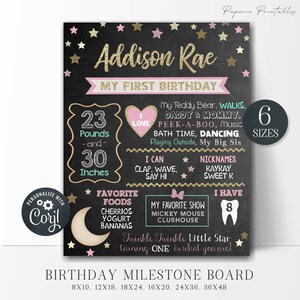 Twinkle Star First Birthday Milestone Poster: Editable Stats Board (DIY Corjl)