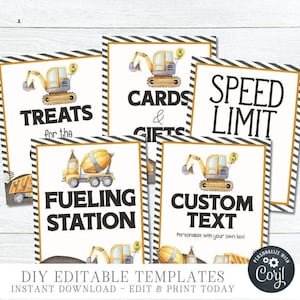EDITABLE Construction Party Signs, DIY Construction Party Signs, Fueling Station Template, Treats for Crew - DIY Edit with Corjl - #BP48