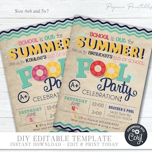Puede incluir: Una invitación imprimible para una fiesta en la piscina. La invitación está decorada con un patrón ondulado azul y blanco, un flotador de piscina rojo, rosa y amarillo, y el texto "¡La escuela ha terminado para el verano! Fiesta en la piscina". La invitación incluye la fecha, la hora y la ubicación de la fiesta.