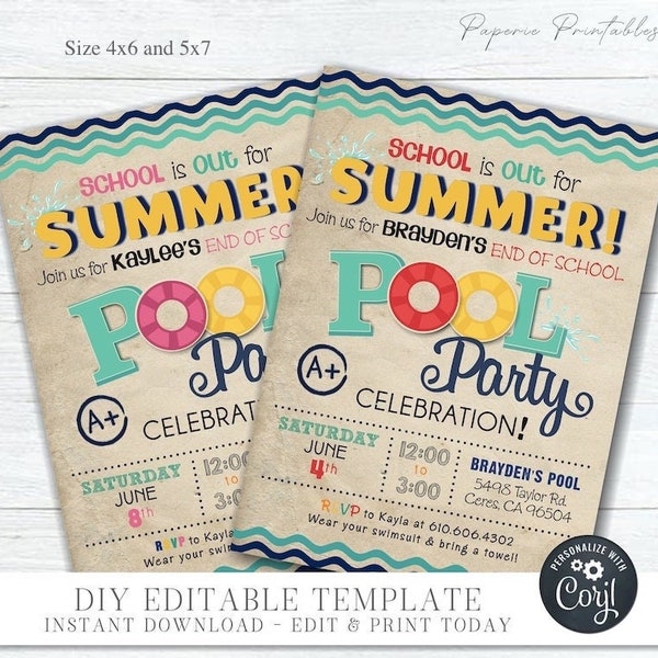 EDITABLE End of School Pool Party Invitation, School is out for SUMMER Pool Party, Pool Party End of School Invitation, DIY with Corjl #SO21