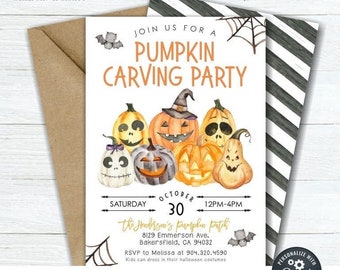 May include: Printable invitation for a pumpkin carving party. The invitation features a watercolor illustration of pumpkins with different faces. The text on the invitation reads "Join us for a Pumpkin Carving Party" and includes the date, time, and location of the party.