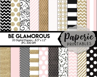 Könnte beinhalten: Set mit 20 digitalen Papieren in den Farben Rosa, Schwarz, Weiß und Gold. Die Papiere zeigen verschiedene Muster, darunter Punkte, Streifen, Zickzack und Glitzer. Die Papiere sind 8,5 Zoll mal 11 Zoll groß und haben 300 DPI.