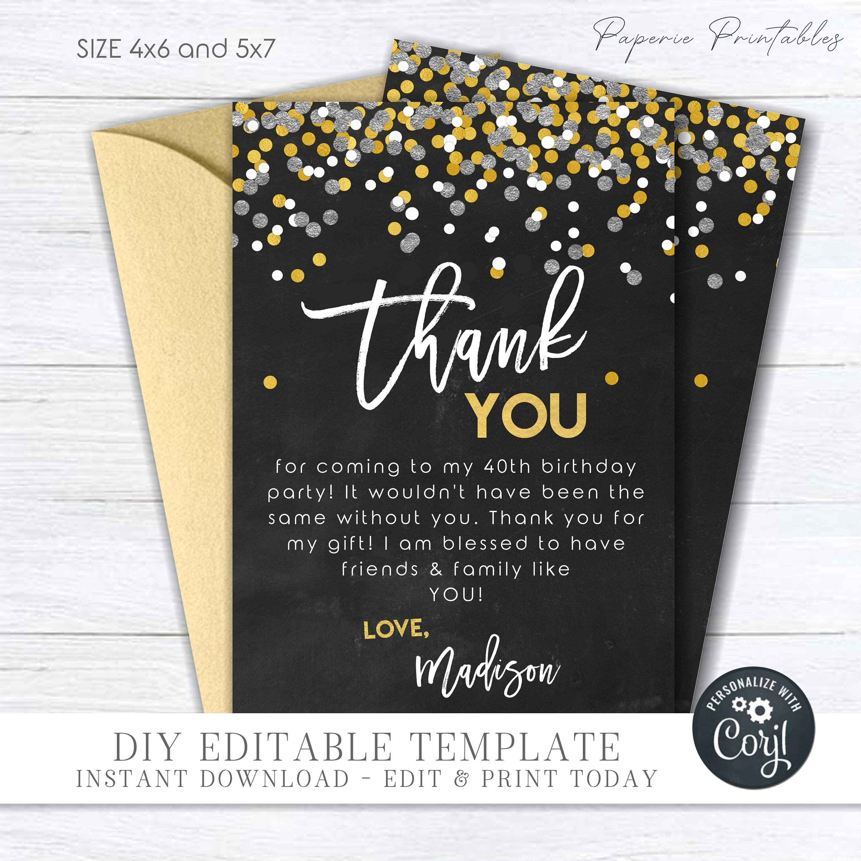 Editable Confetti Thank You Card Gold Foil Confetti Thank You Etsy