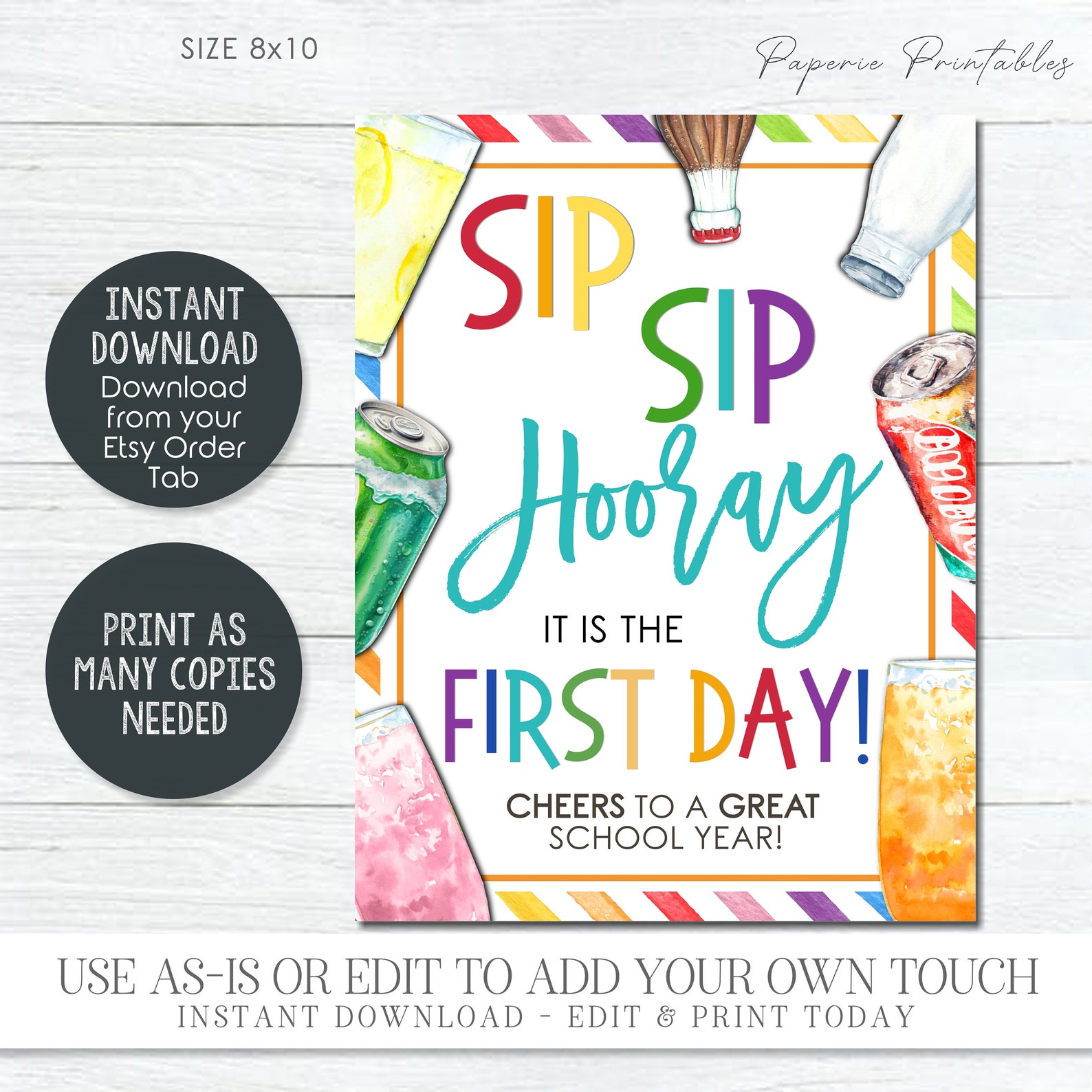 First Sip Sip Sip Hooray First Day of School Sign: Editable Cold Drinks Print ...