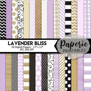 Light Purple, Gold Glitter & Black Pattern Digital Paper - 12x12 Digital Scrapbooking Paper - 30 Papers - Scrapbook Paper -Instant Download-