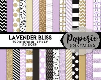 Light Purple, Gold Glitter & Black Pattern Digital Paper - 12x12 Digital Scrapbooking Paper - 30 Papers - Scrapbook Paper -Instant Download-