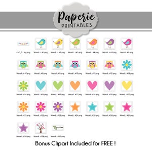 May include: A set of 30 colourful digital clipart images featuring birds, owls, flowers, hearts, stars, and a tree. The images are perfect for crafting, scrapbooking, and other creative projects.