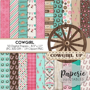 Cowgirl Scrapbook Paper: 50 Digital Papers & 19 Clipart (8.5x11) (Instant Download)