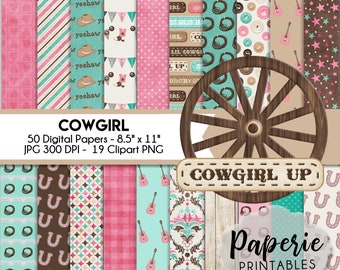 Cowgirl Digital Paper - 8.5x11 Digital Scrapbooking Paper - 50 Papers & 19 Clipart - Cowgirl Scrapbook Paper - Instant Download -