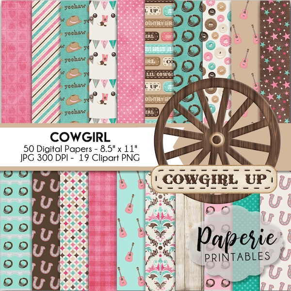 Cowgirl Digital Paper - 8.5x11 Digital Scrapbooking Paper - 50 Papers & 19 Clipart - Cowgirl Scrapbook Paper - Instant Download -