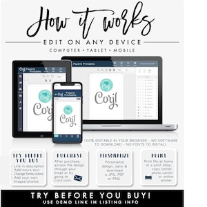 May include: A digital illustration of a laptop, tablet, and smartphone showing a website with a blue and white design. The website is called "Corjl" and it allows users to personalize and print designs. The text "Try Before You Buy!" is displayed in a large font.