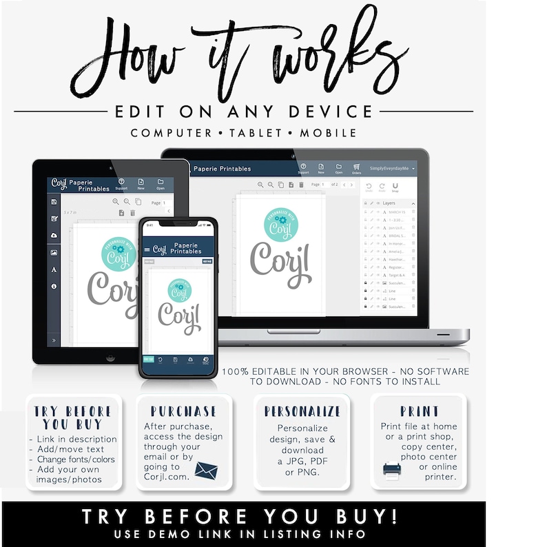 May include: A digital illustration of a laptop, tablet, and smartphone showing a website with a blue and white design. The website is called "Corjl" and it allows users to personalize and print designs. The text "Try Before You Buy!" is displayed in a large font.