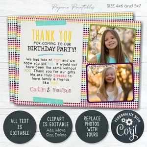 EDITABLE Kids Birthday Thank You Card, Colorful Thank You Card ...