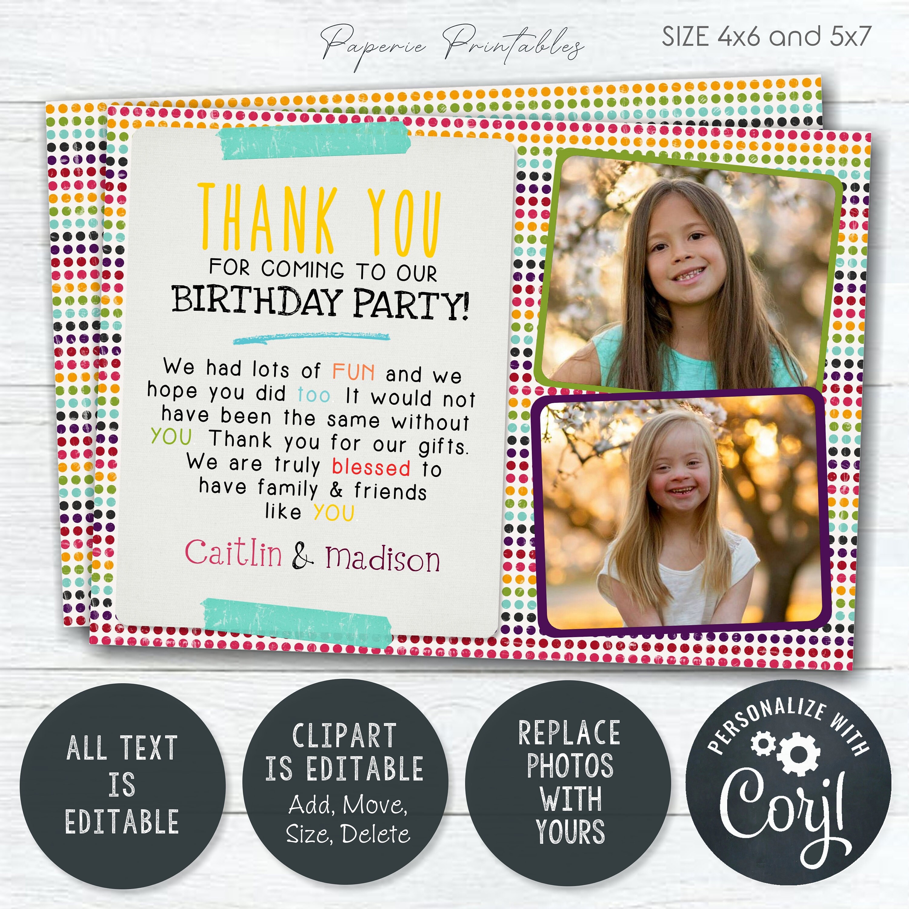 EDITABLE Kids Birthday Thank You Card Colorful Thank You - Etsy
