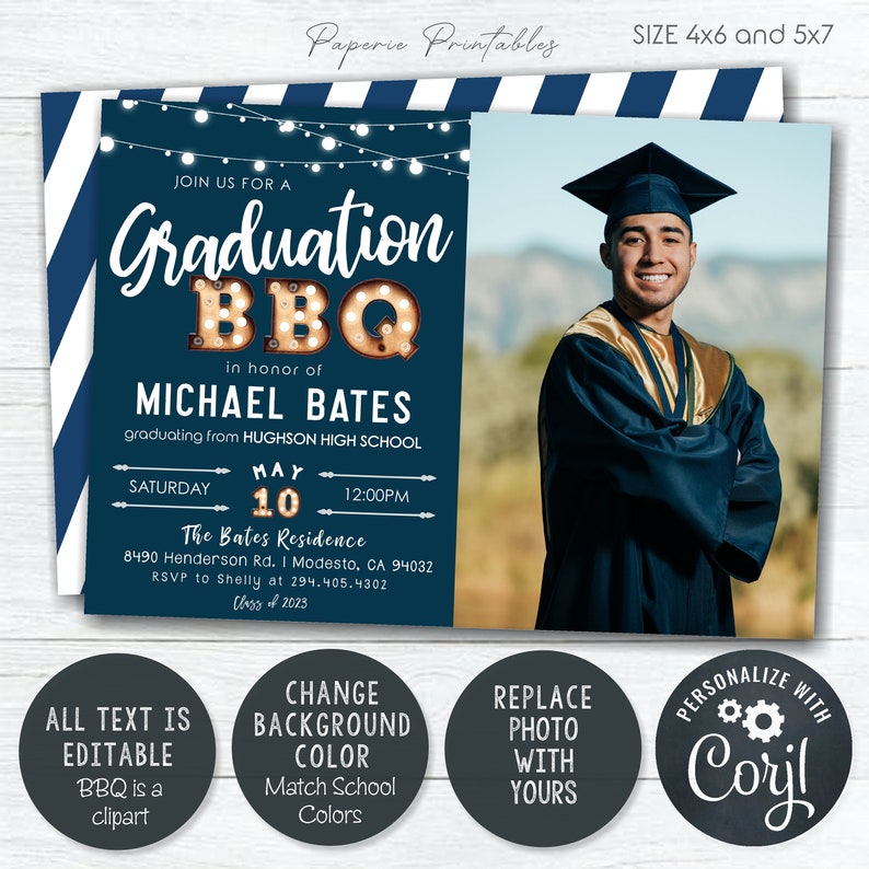 May include: A graduation BBQ invitation with a photo of a graduate in a cap and gown. The invitation features text that reads "Graduation BBQ" and includes the graduate's name, date, time, and location. The invitation is navy blue with white accents.