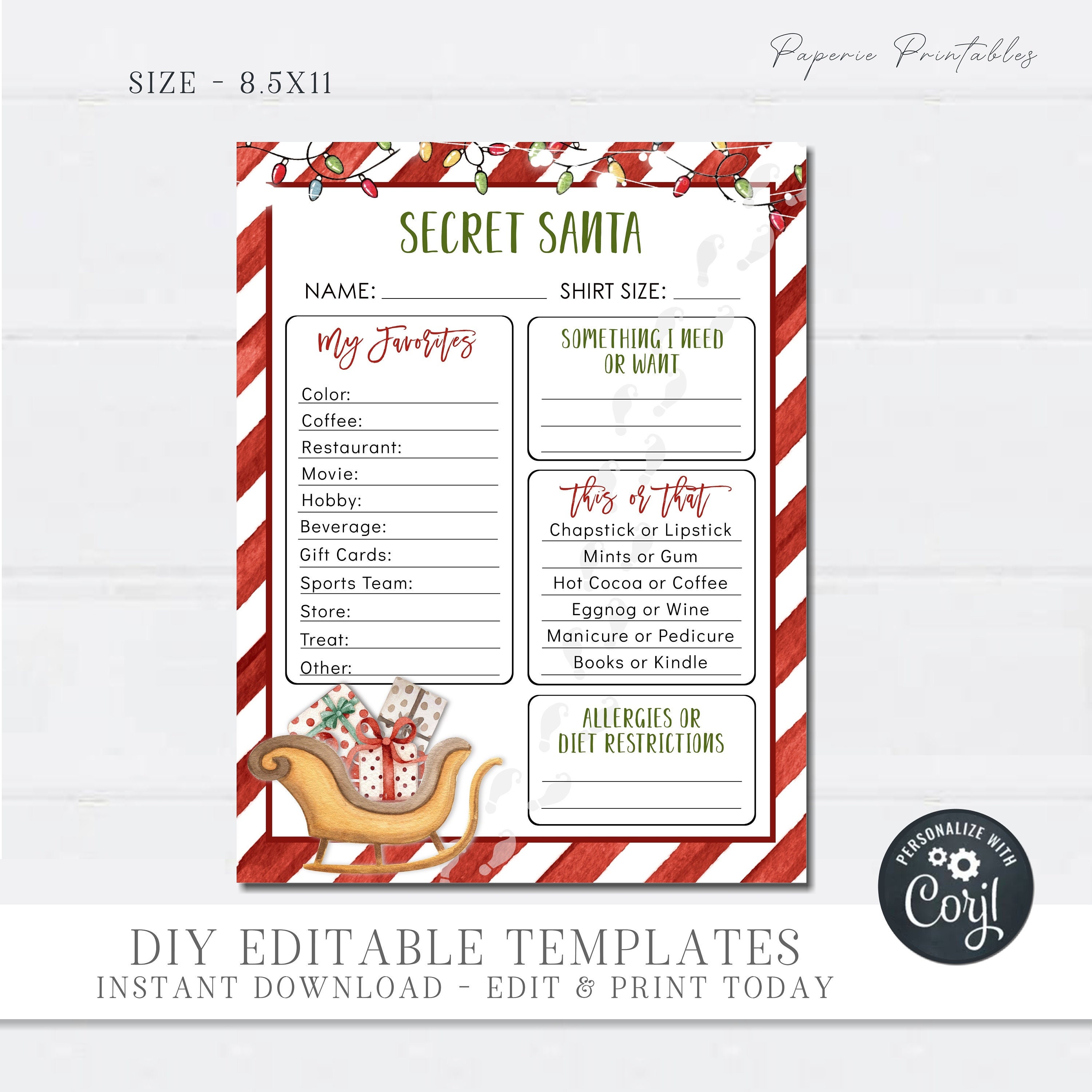 Editable Secret Santa Questionnaire Printable Christmas - Etsy