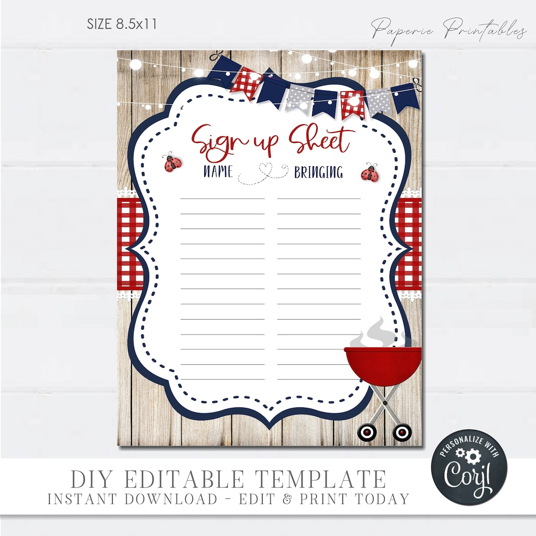 Editable Potluck Sign up Sheet, BBQ Potluck Sign up Sheet, Picnic Editable Potluck Sign up Sheet, BBQ Potluck Sign up Sheet, Picnic