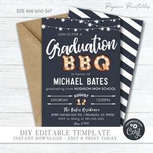 May include: Navy blue graduation BBQ invitation with white text and string lights. The invitation includes the text "Graduation BBQ" and details for Michael Bates' graduation from Hughson High School. The invitation is a DIY editable template.