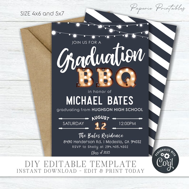 May include: Navy blue graduation BBQ invitation with white text and string lights. The invitation includes the text "Graduation BBQ" and details for Michael Bates' graduation from Hughson High School. The invitation is a DIY editable template.
