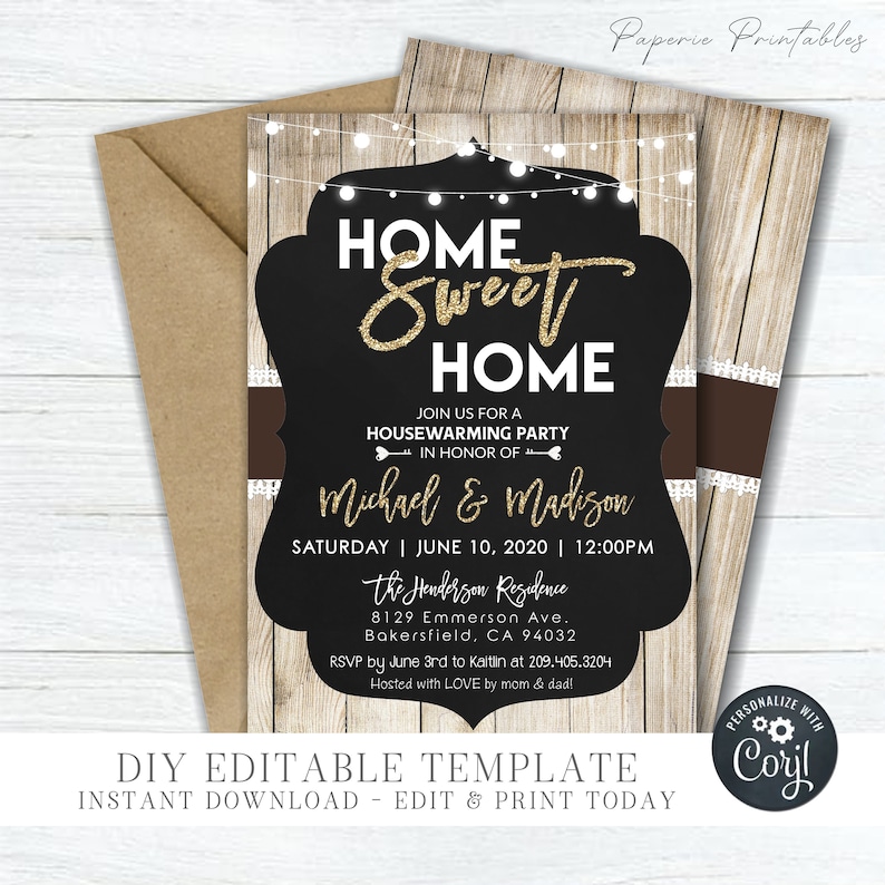 May include: A printable housewarming party invitation with a rustic wood background and a black chalkboard overlay. The text reads "Home Sweet Home" with gold glitter accents. The invitation is for Michael and Madison's housewarming party on June 10, 2020, at 12:00 PM. The invitation includes the address and RSVP information.