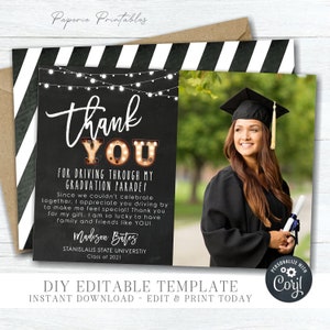 EDITABLE Graduation Parade Thank You Card - Thank You Graduation Card - Photo Thank You Graduation Card - Class of 2021 - DIY Corjl - #GP35